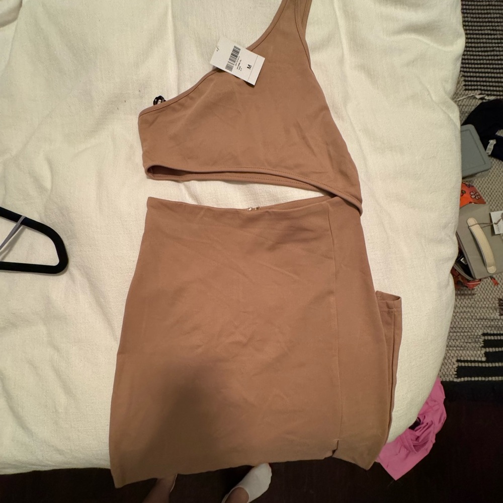 Tan One-Shoulder Top and Skirt Set